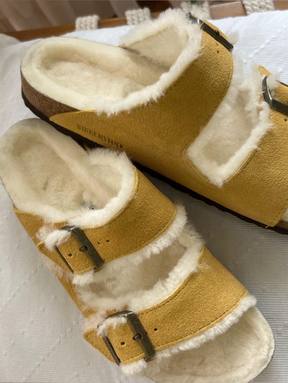 Birkenstock Shearling Suede Slide Sandals in Mustard Yellow